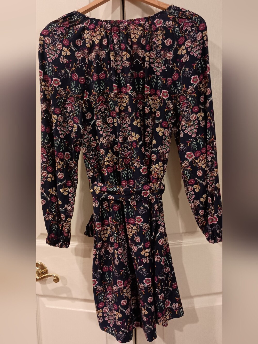 St. John's Bay Navy Floral Dress waist tie with Long Sleeves - Picture 2 of 7